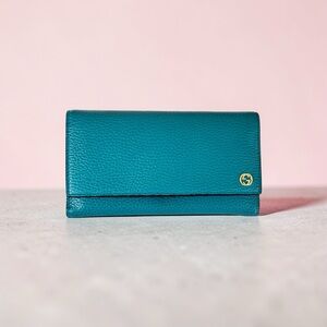 Gucci Teal Pebbled Leather Wallet with Interlocking Gold GG Accent